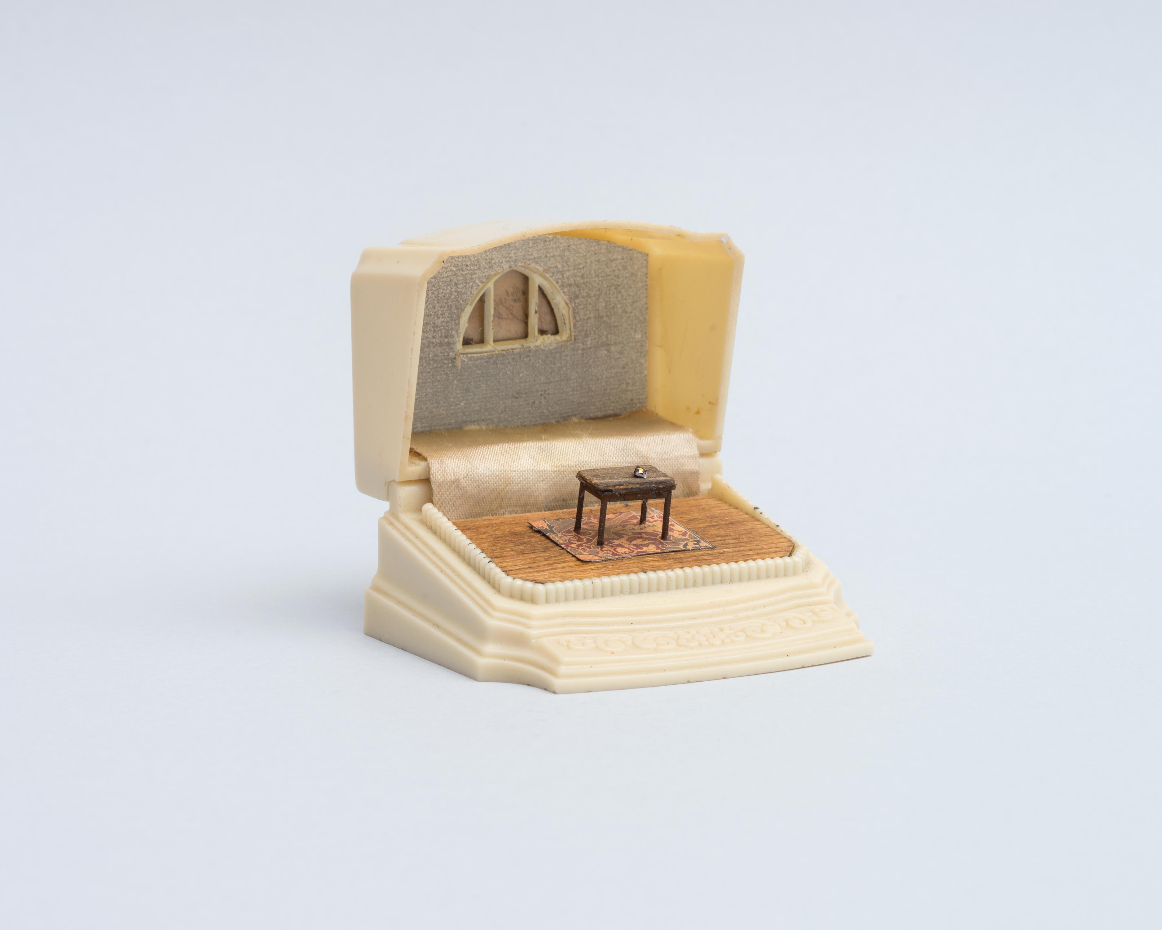 Curtis Talwst Santiago<br>1663 John Eliot's Algonquin (Native American Bible)<br>2016<br>Mixed media diorama in reclaimed jewelry box<br>2.625 x 2 x 2.5 in (6.7 x 5 x 6.4cm)