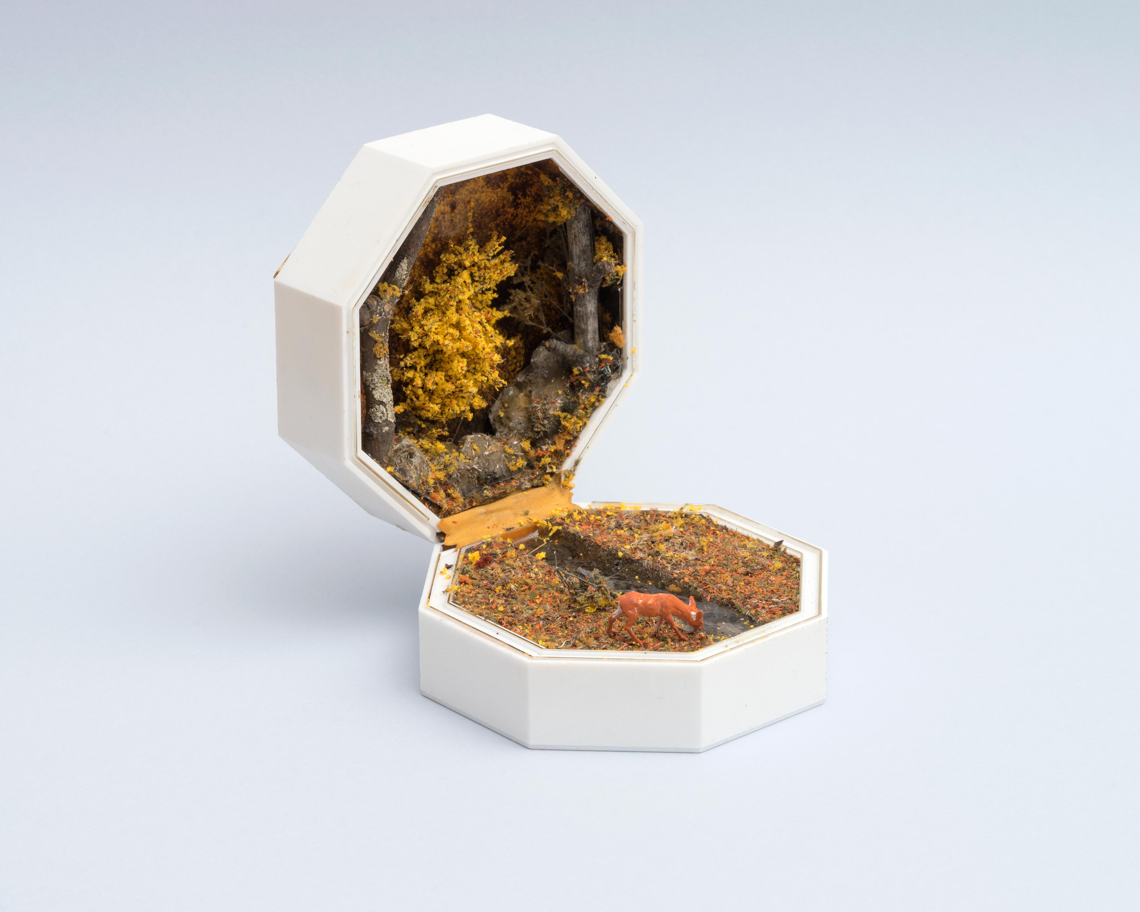 Curtis Talwst Santiago<br>Nanganesey Creek With Deer<br>2016<br>Mixed media diorama in reclaimed jewelry box<br>4.375 x 4.375 x 5.5  in (11 x 11 x 14 cm)