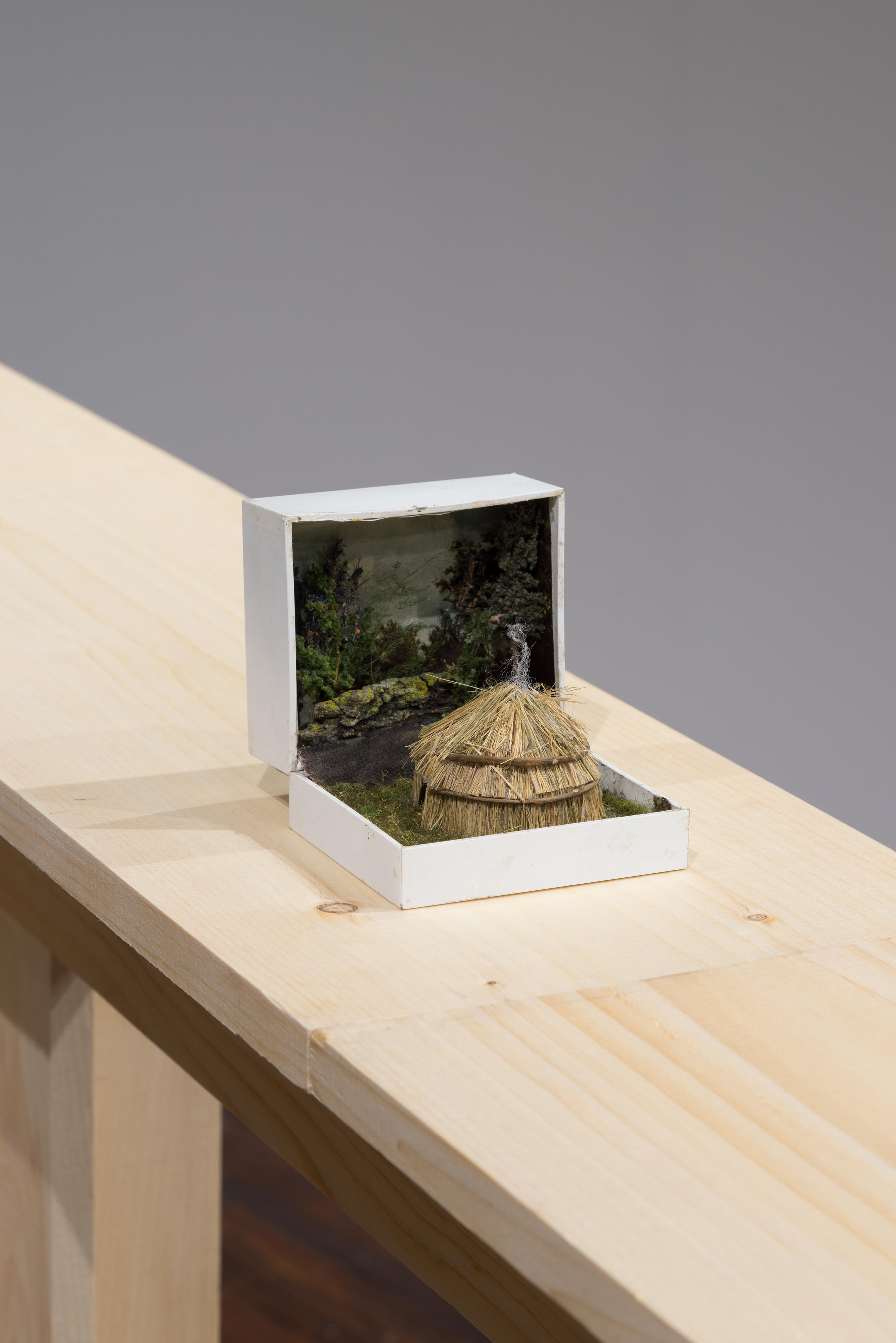 Curtis Talwst Santiago<br>Lenape Wigwam in Clearing<br>2016<br>Mixed media diorama in reclaimed jewelry box<br>3.875 x 3.3 x 4 in (9.8 x 8.4 x 10.2 cm)