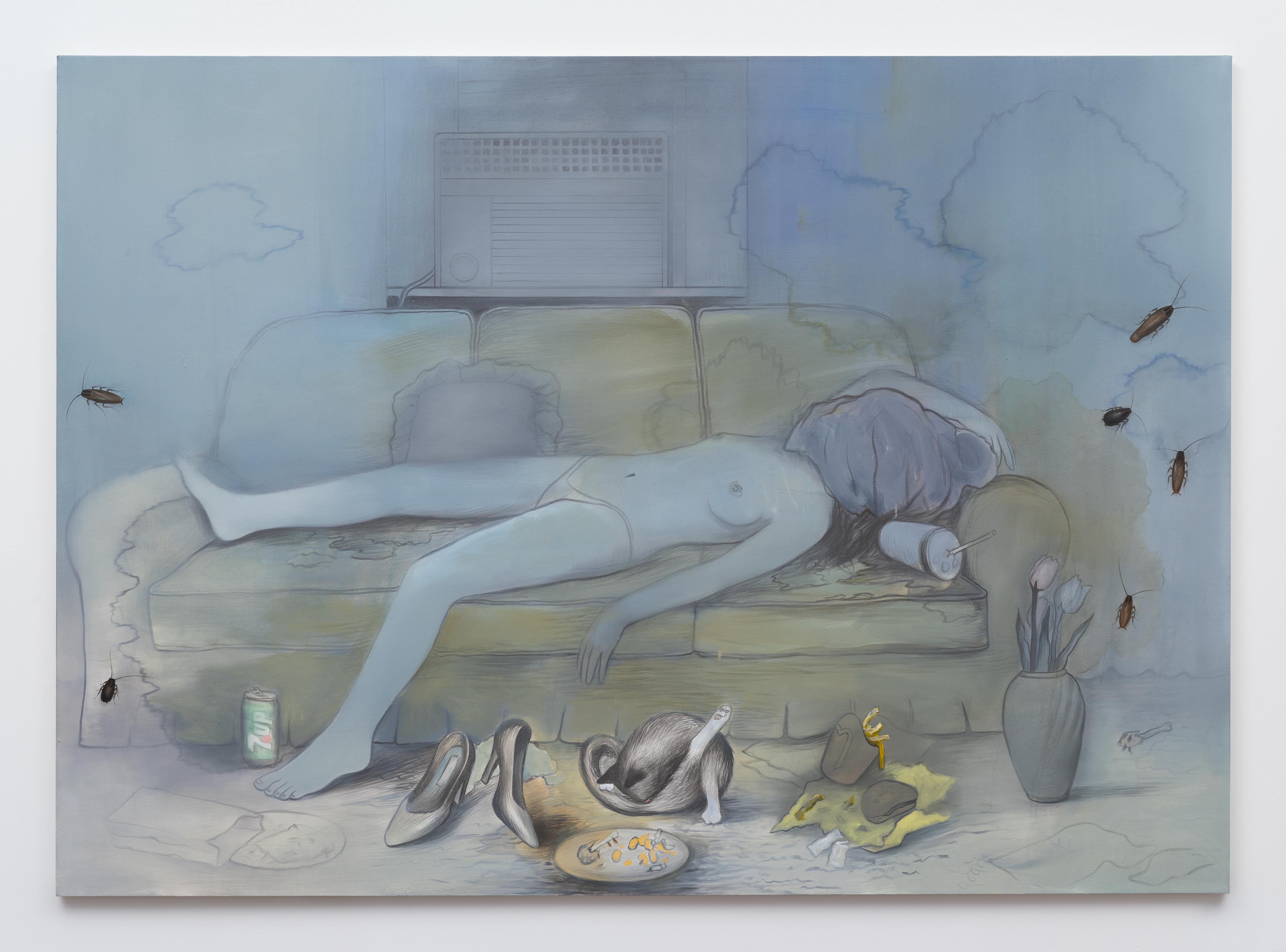 Brandi Twilley<br>Napping by the AC<br>2016<br>oil on canvas<br>60 x 84 in (152.4 x 172.72 cm)