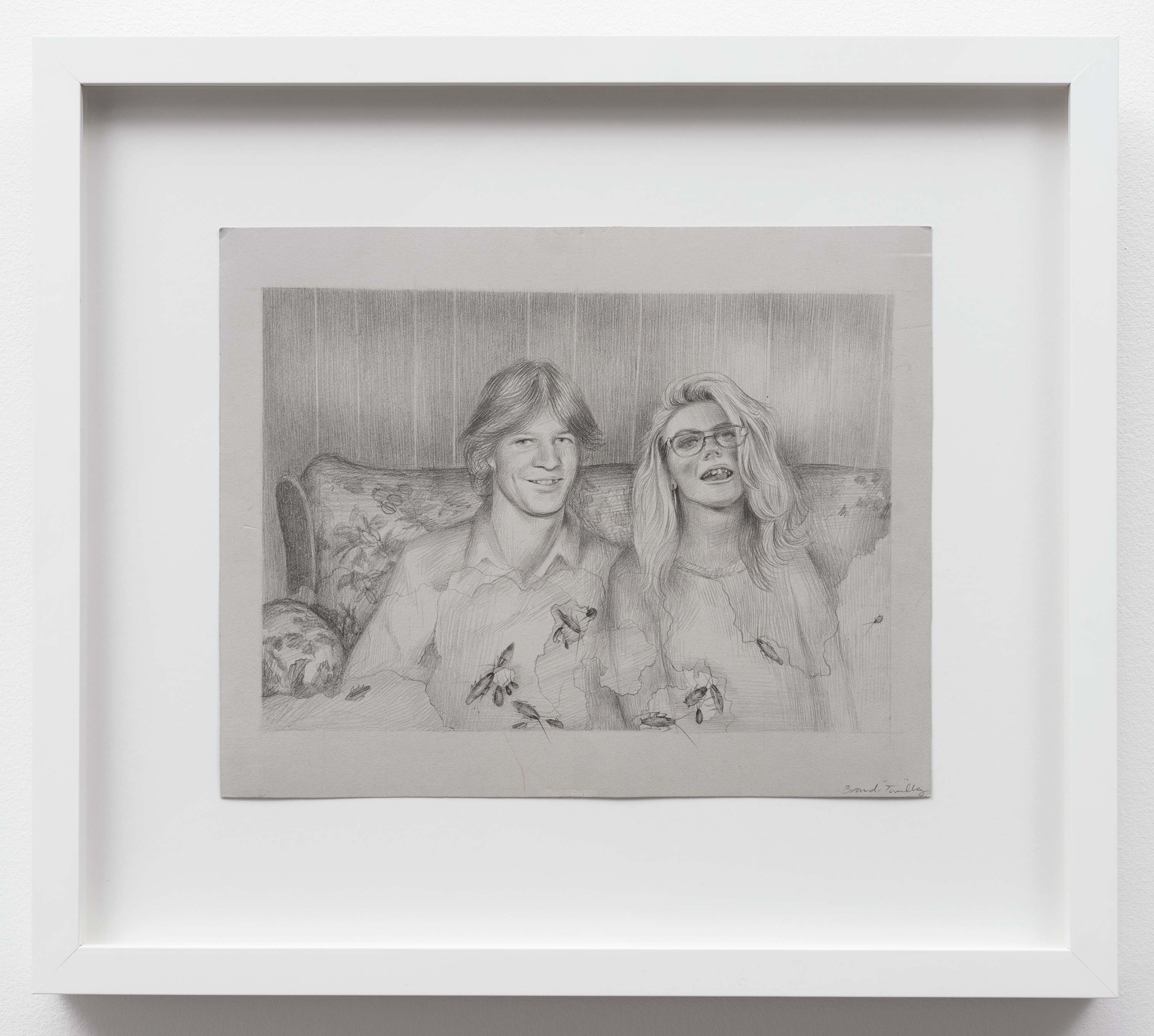 Brandi Twilley<br>On the Couch with Roaches<br>2015<br>Graphite on gray paper<br>9 x 11.5 inches (23 x 29 cm)