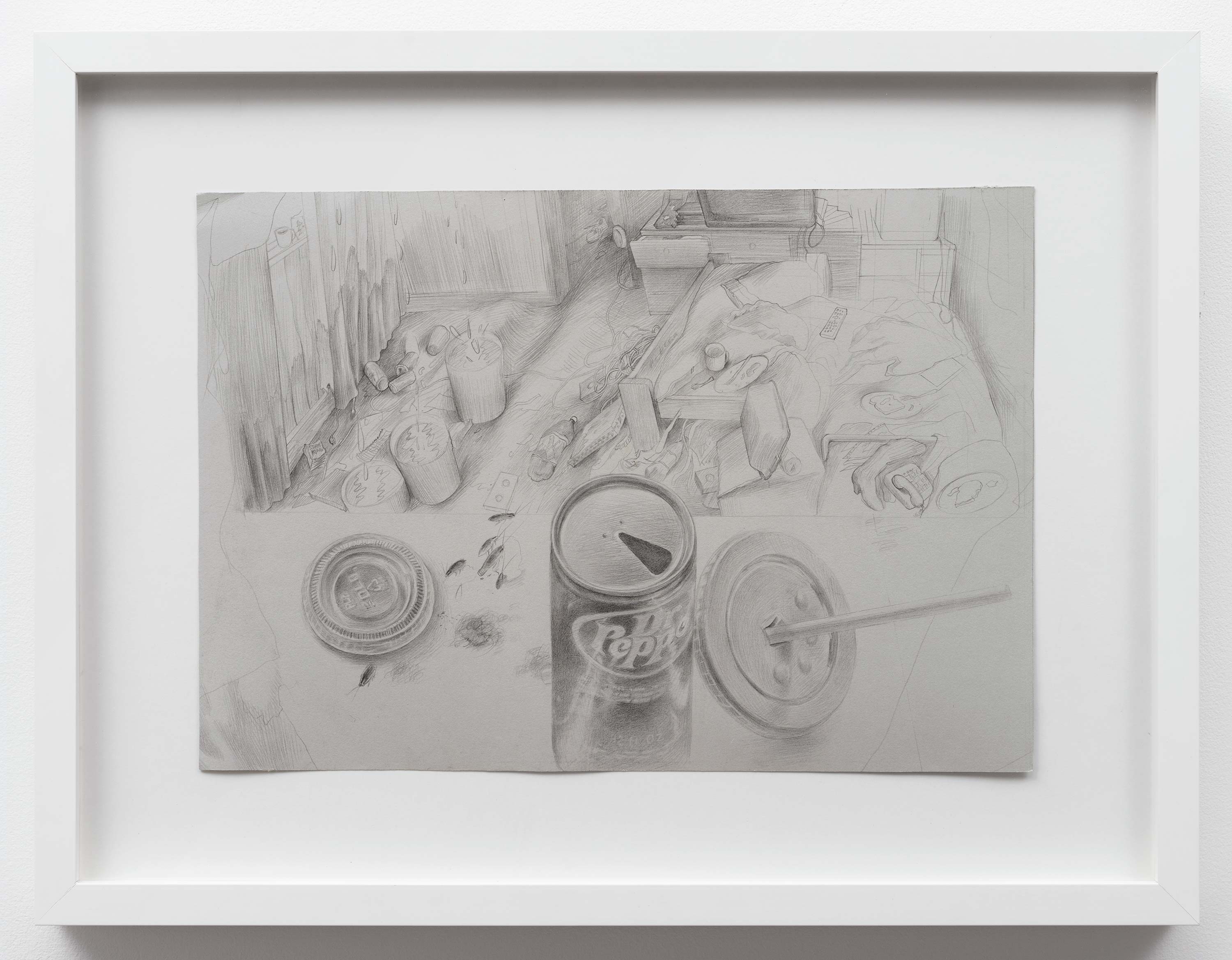 Brandi Twilley<br>Dr. Pepper and Living Room<br>2014<br>Graphite on gray paper<br>15 x 10.5 inches (38 x 26.5 cm)