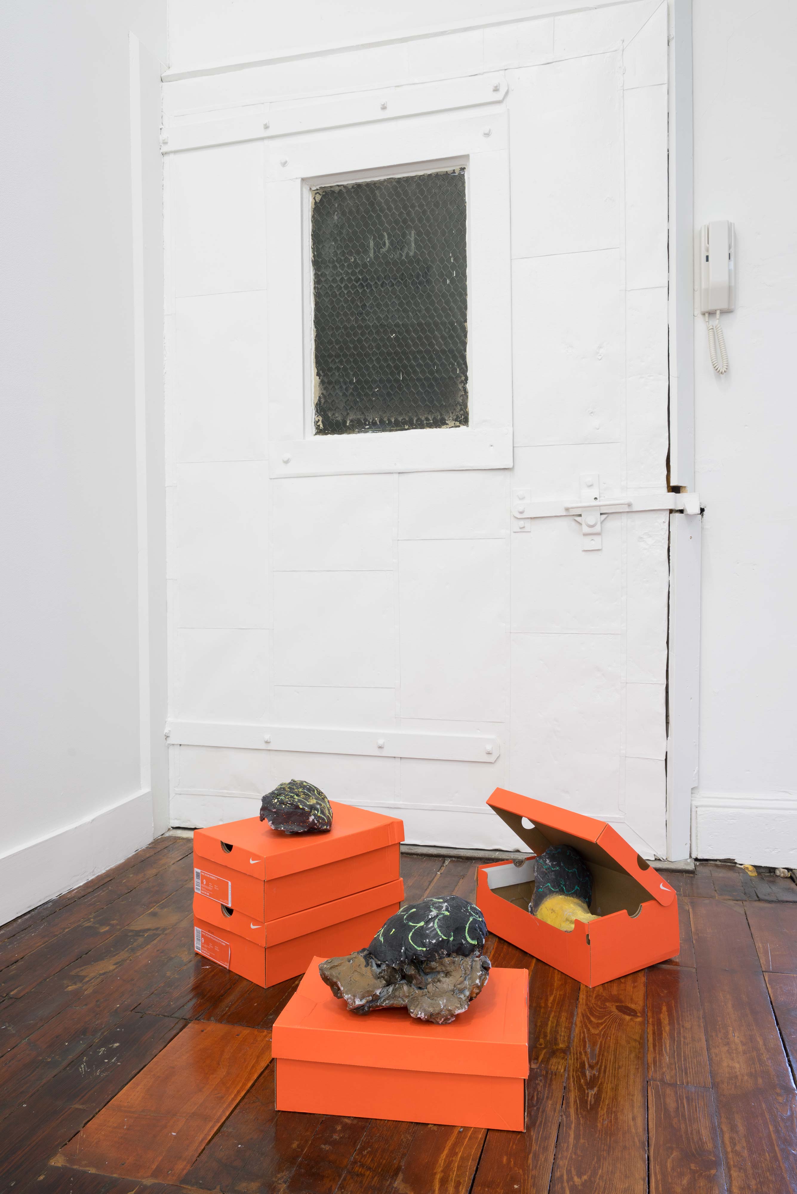 Jonathan Lyndon Chase<br>Untitled<br>2016<br>bone dry clay, acrylic, glitter, Nike shoebox<br>dimensions variable