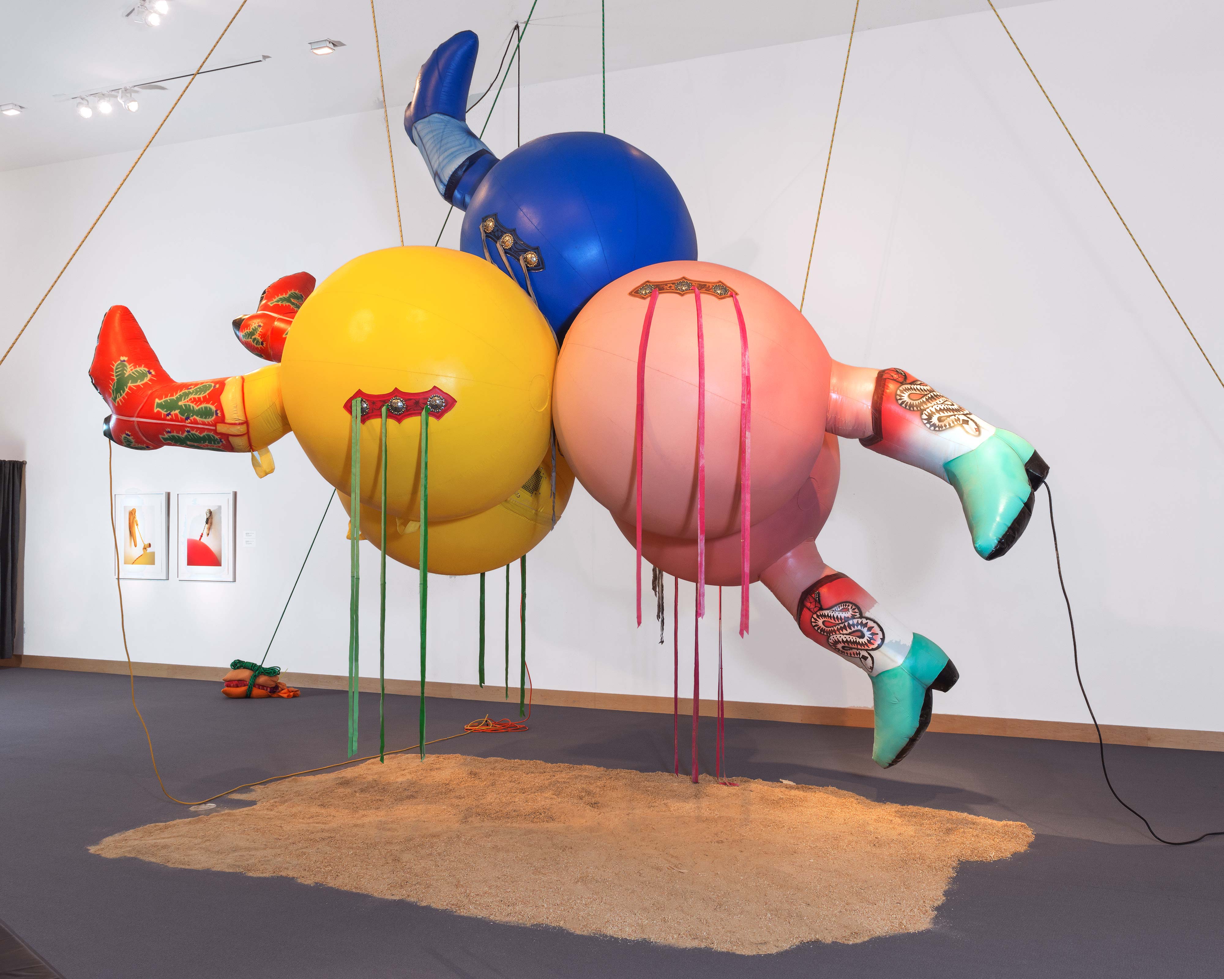 Nancy Davidson<br>Dust Up<br>2012<br>Vinyl coated nylon, rope, leather, blower, sandbags, sawdust<br>20 x 20 x 16 ft<br>installation view at the Boca Raton Museum of Art