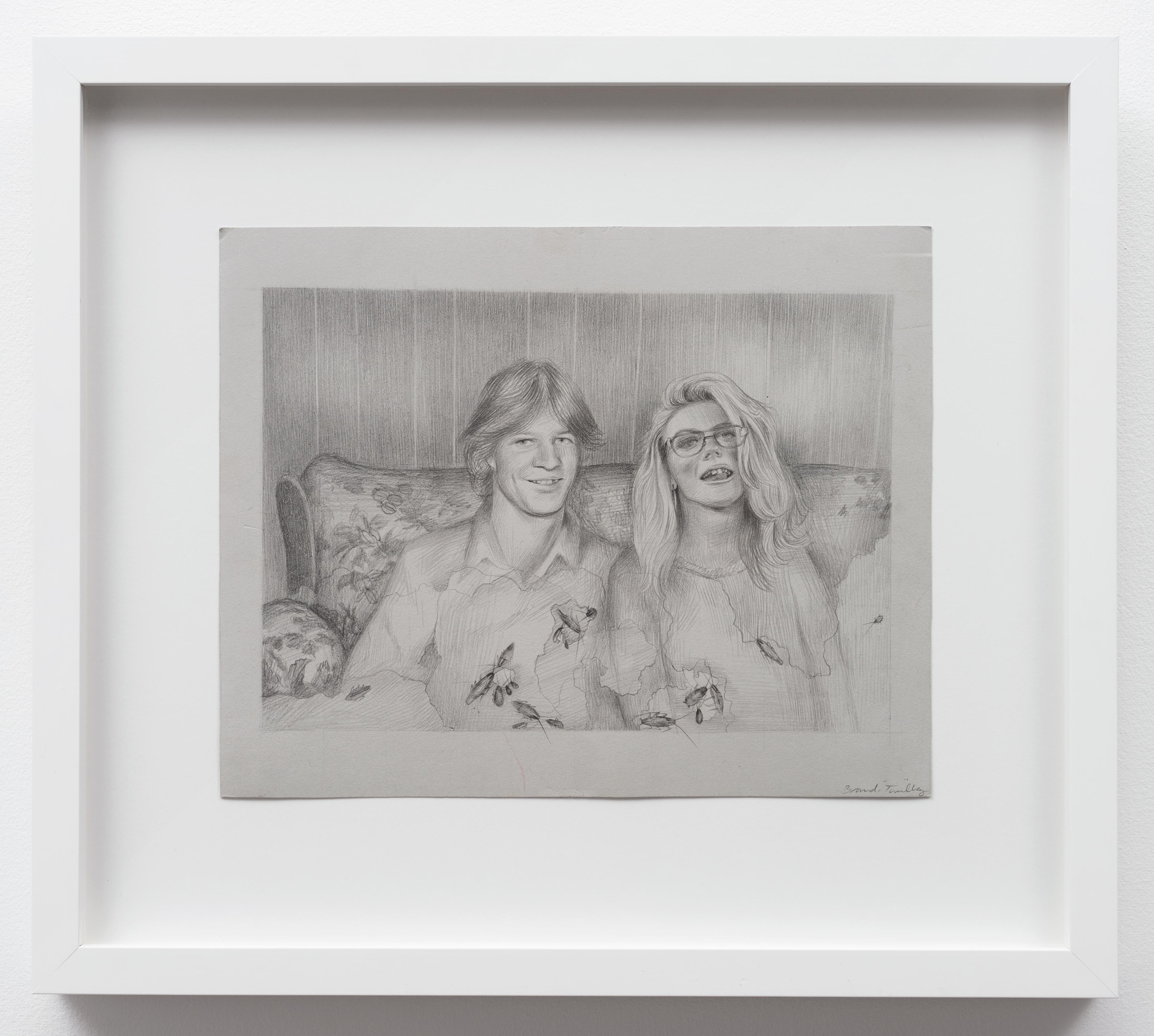 Brandi Twilley<br>On the Couch with Roaches<br>2015<br>Graphite on gray paper<br>9 x 11.5 in (23 x 29 cm)