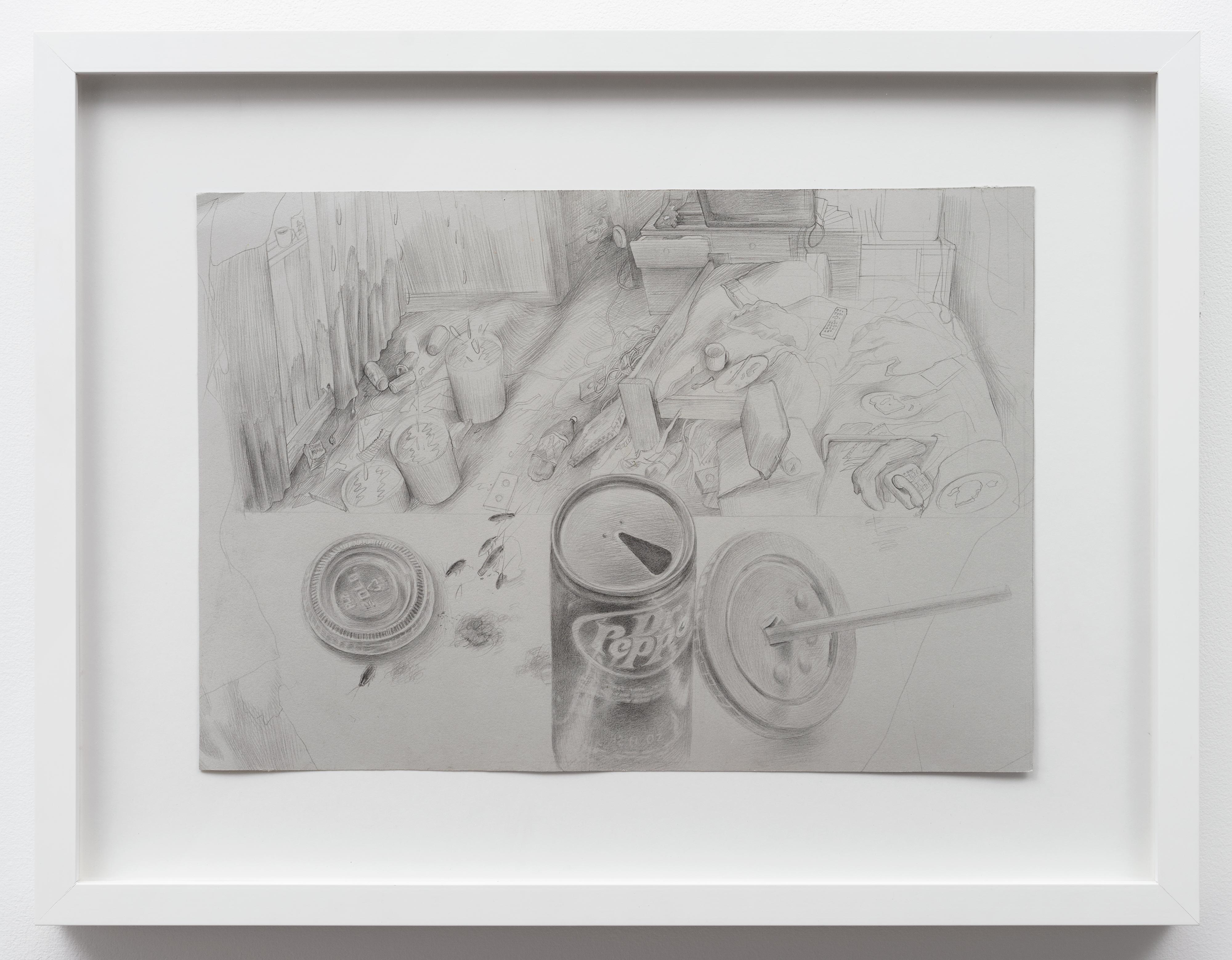 Brandi Twilley<br>Dr. Pepper and Living Room<br>2014<br>Graphite on gray paper<br>15 x 10.5 in (38 x 26.5 cm)