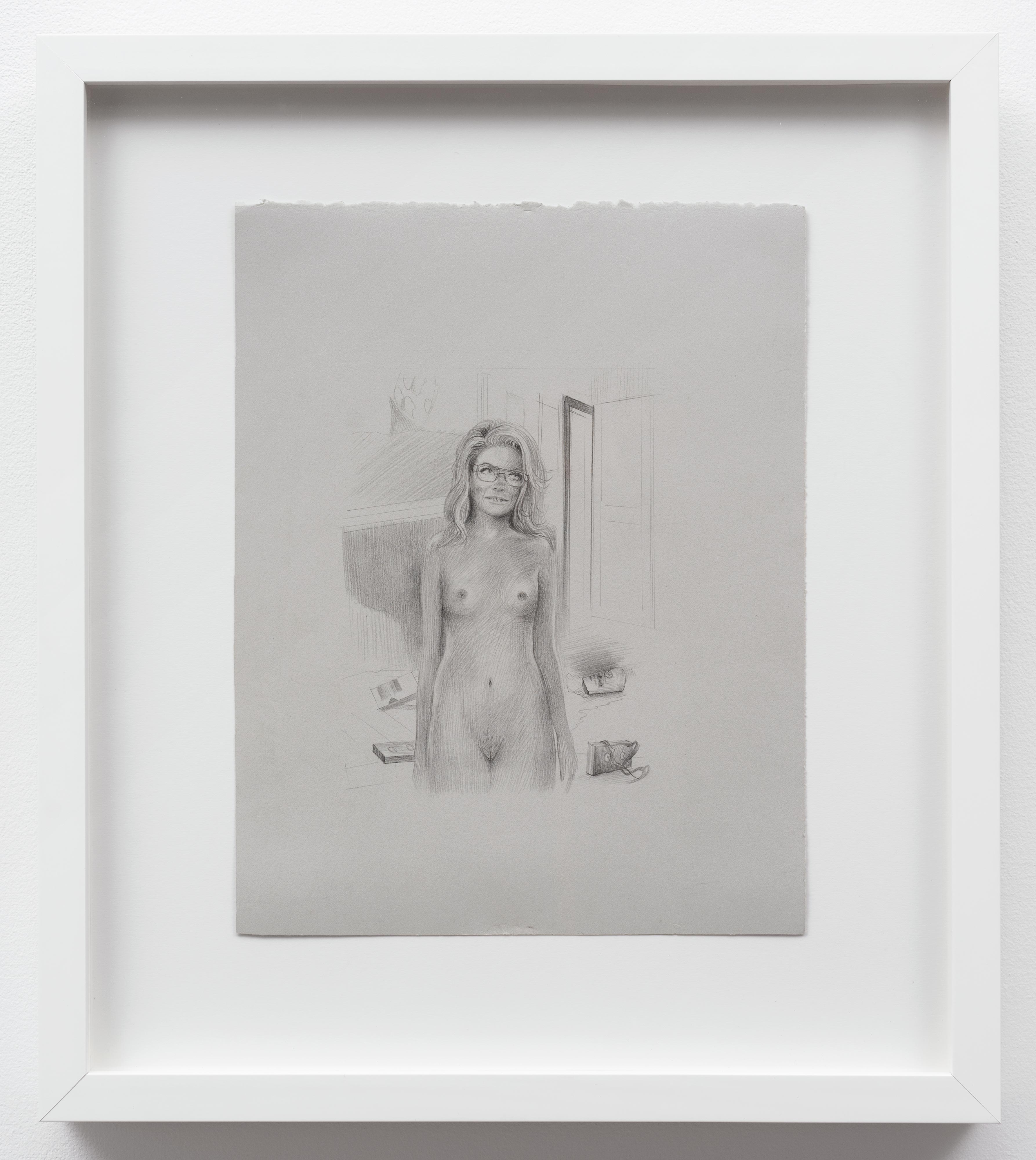 Brandi Twilley<br>Naked in the Living Room with Glasses<br>2014<br>Graphite on gray paper<br>9 x 11.5 in (23 x 29 cm)