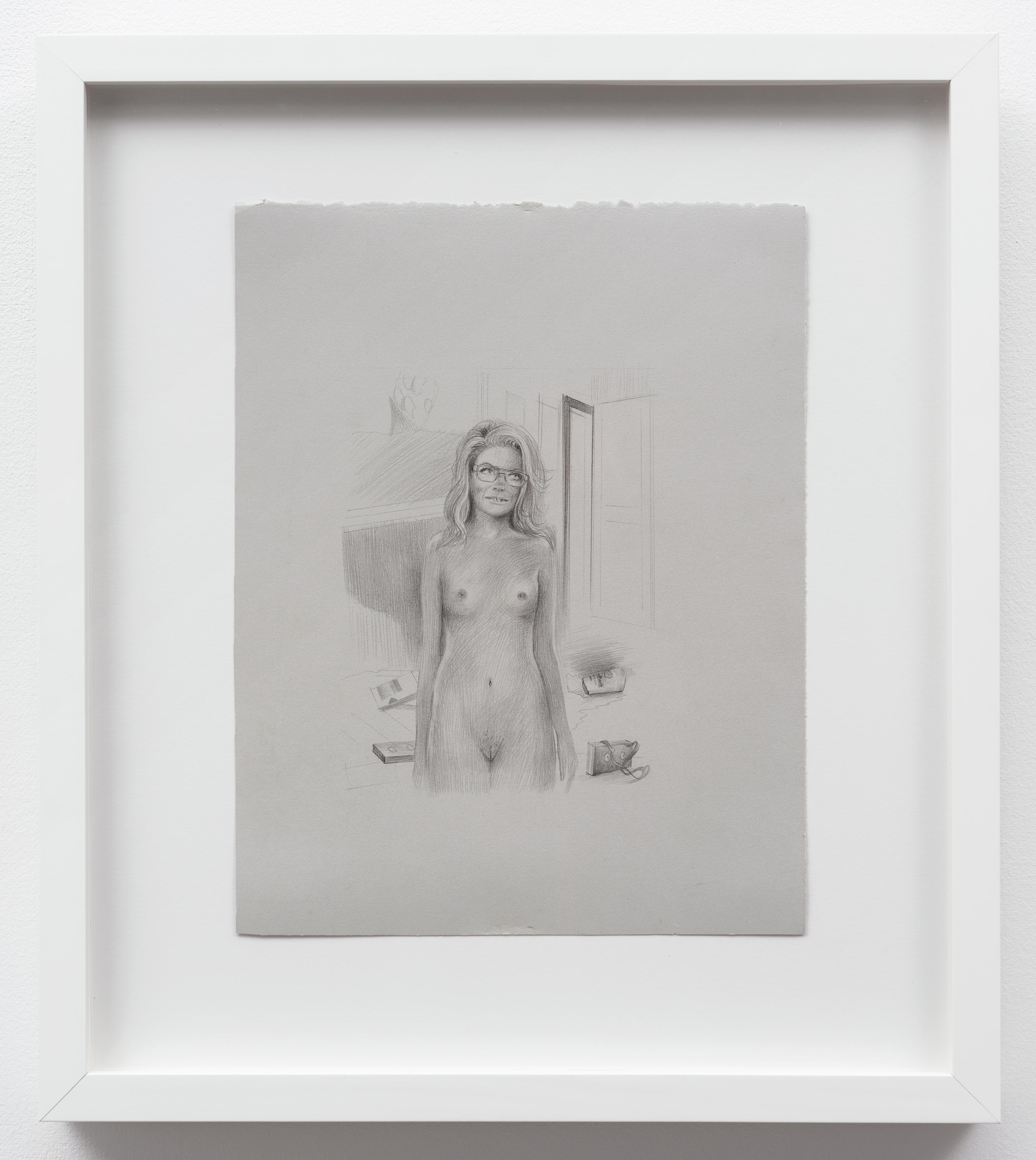 Brandi Twilley<br>Naked in the Living Room with Glasses<br>2014<br>Graphite on gray paper<br>9 x 11.5 in (23 x 29 cm)